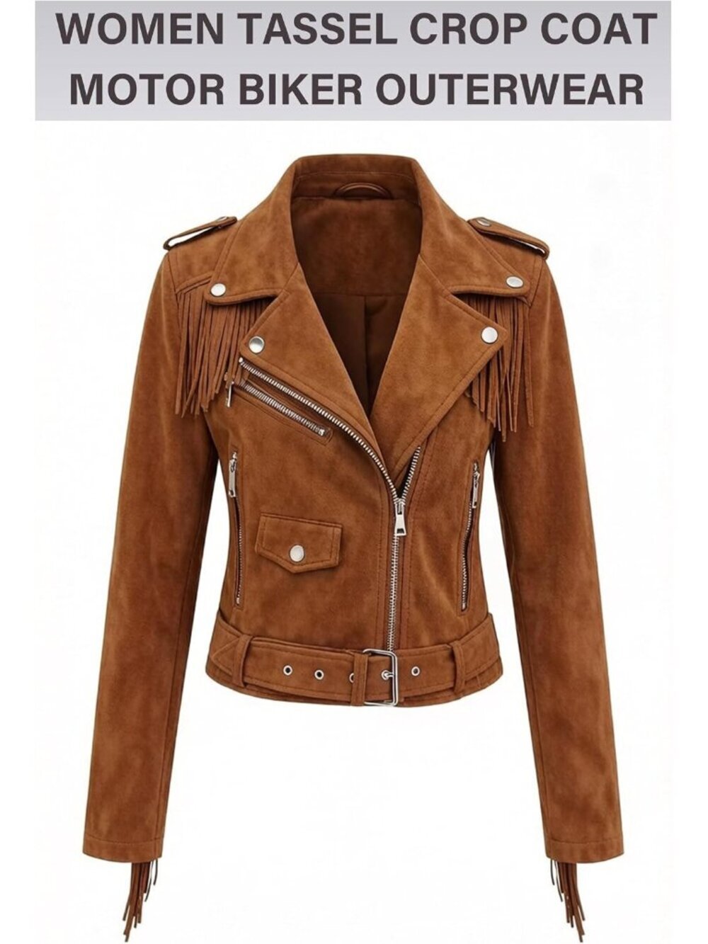 Women's Brown Faux Suede Tassel Jackets With Lining Cropped Fringe Coats Outfits - Picture 4 of 6